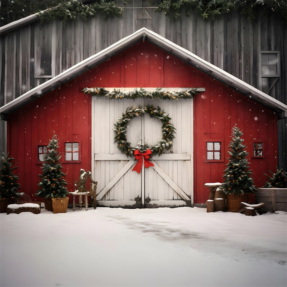 Toile de fond de Maison en Bois avec Couronne et Arbre de Noël RR7-722