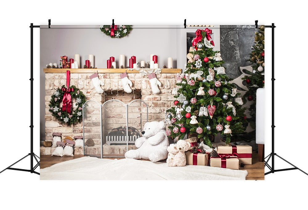 Toile de fond de Cheminée avec Arbre de Noël et Ours en Peluche RR7-723
