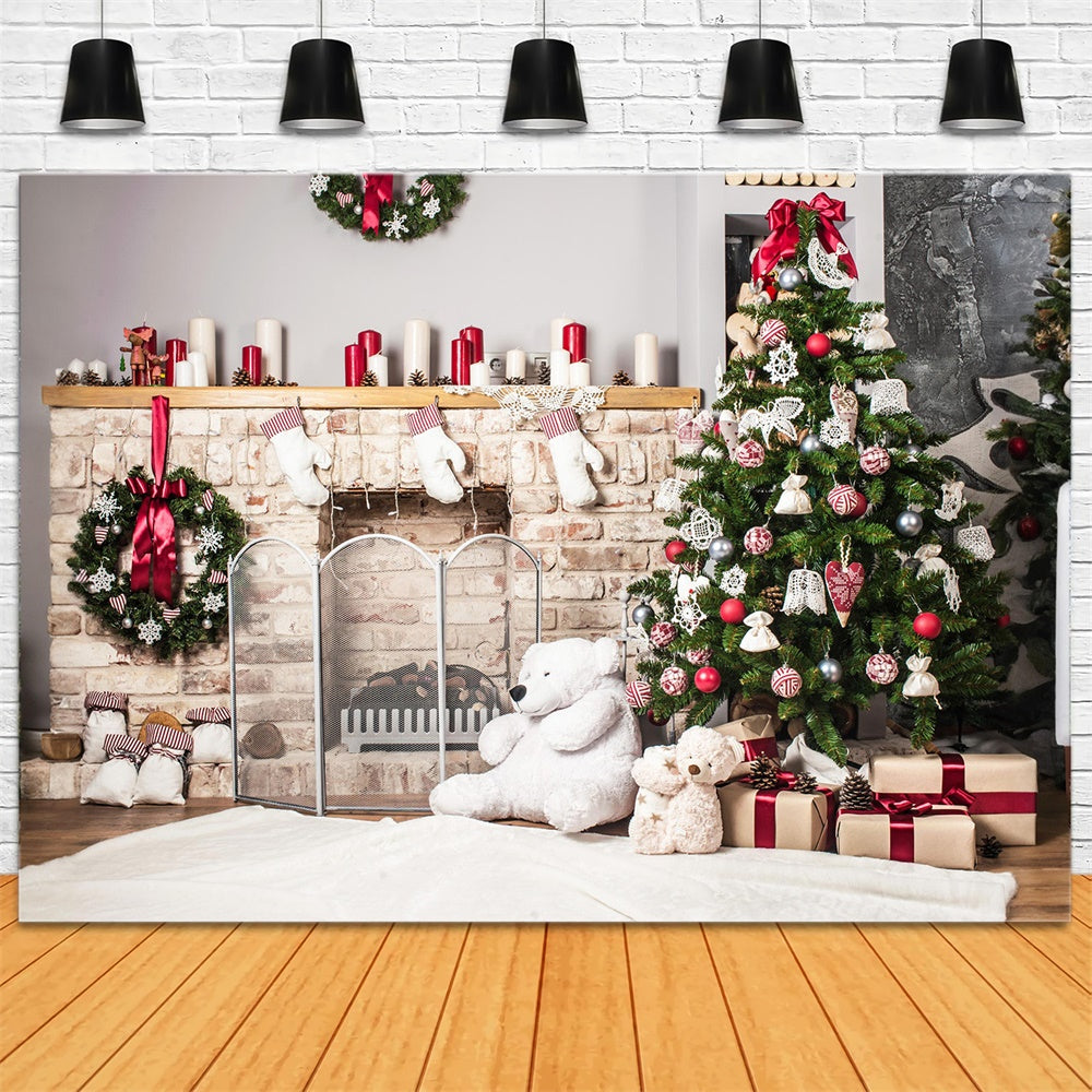 Toile de fond de Cheminée avec Arbre de Noël et Ours en Peluche RR7-723