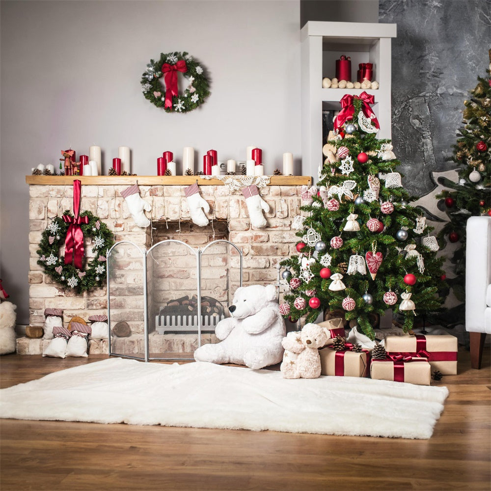 Toile de fond de Cheminée avec Arbre de Noël et Ours en Peluche RR7-723