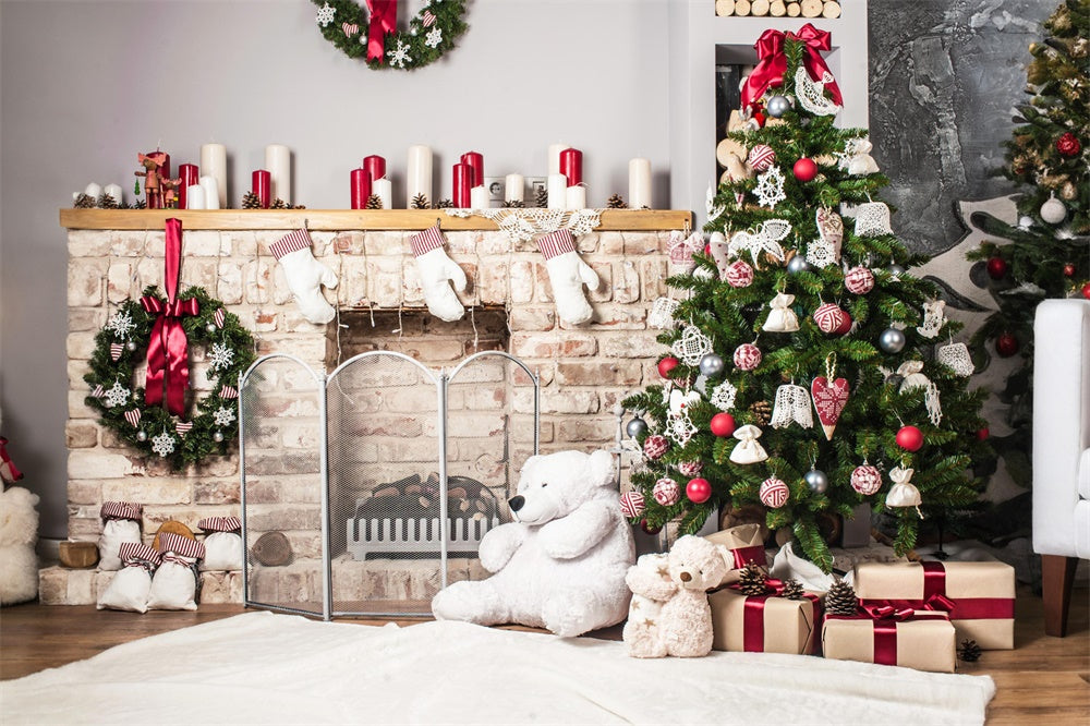 Toile de fond de Cheminée avec Arbre de Noël et Ours en Peluche RR7-723