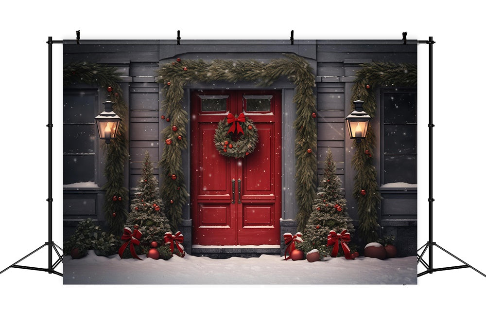 Toile de fond de Porte Rouge avec Couronne de Noël et Flocon de Neige RR7-725