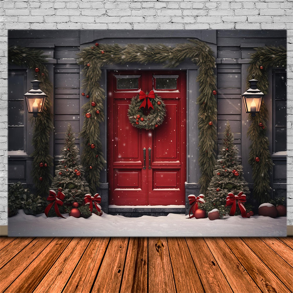 Toile de fond de Porte Rouge avec Couronne de Noël et Flocon de Neige RR7-725