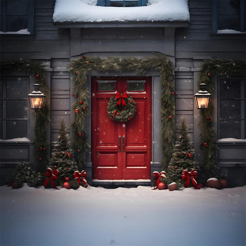 Toile de fond de Porte Rouge avec Couronne de Noël et Flocon de Neige RR7-725