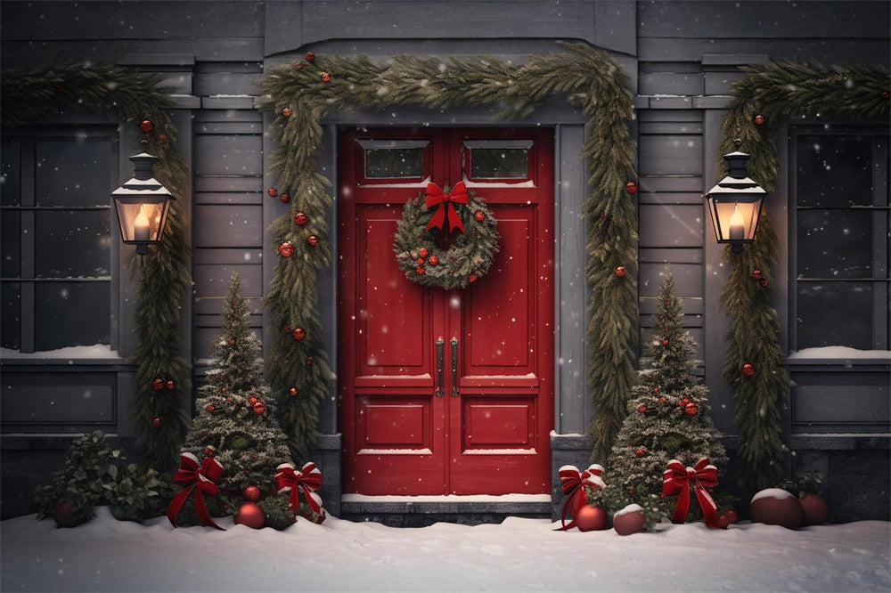 Toile de fond de Porte Rouge avec Couronne de Noël et Flocon de Neige RR7-725