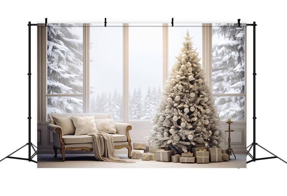 Toile de fond de Pièce Cozy avec Fenêtre Neigeuse et Arbre de Noël RR7-726