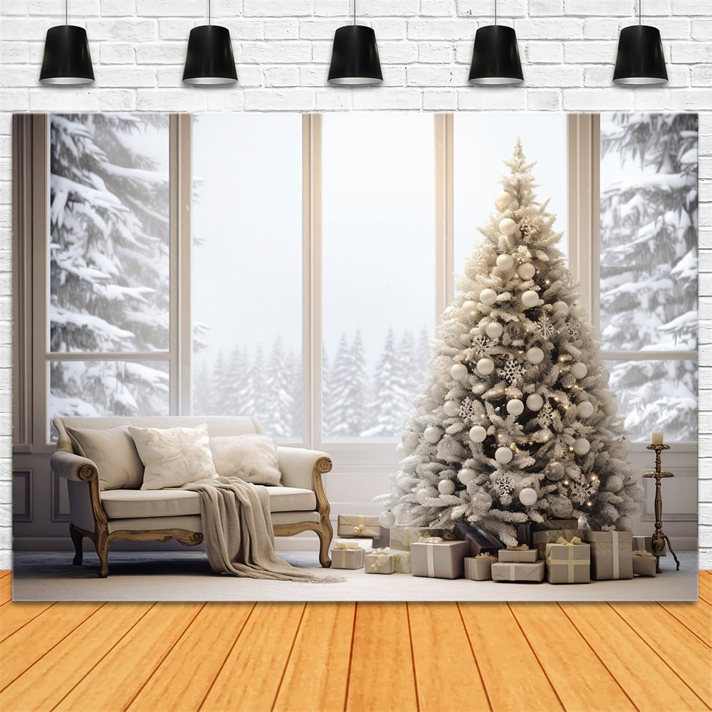 Toile de fond de Pièce Cozy avec Fenêtre Neigeuse et Arbre de Noël RR7-726