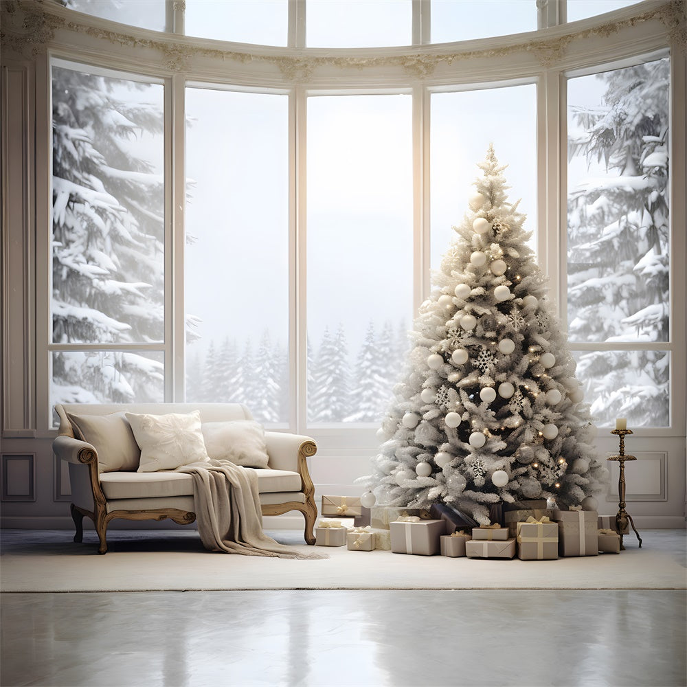 Toile de fond de Pièce Cozy avec Fenêtre Neigeuse et Arbre de Noël RR7-726