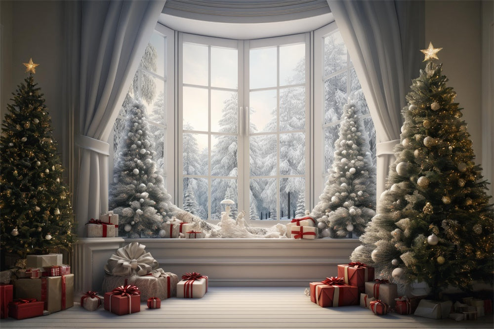 Toile de fond de Fenêtre avec Paysage Neigeux et Arbre de Noël RR7-728