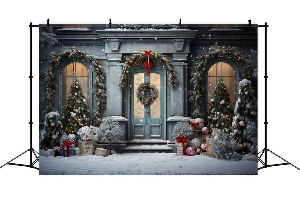 Toile de fond de Porte et Fenêtre avec Arbre de Noël Neigeux RR7-729