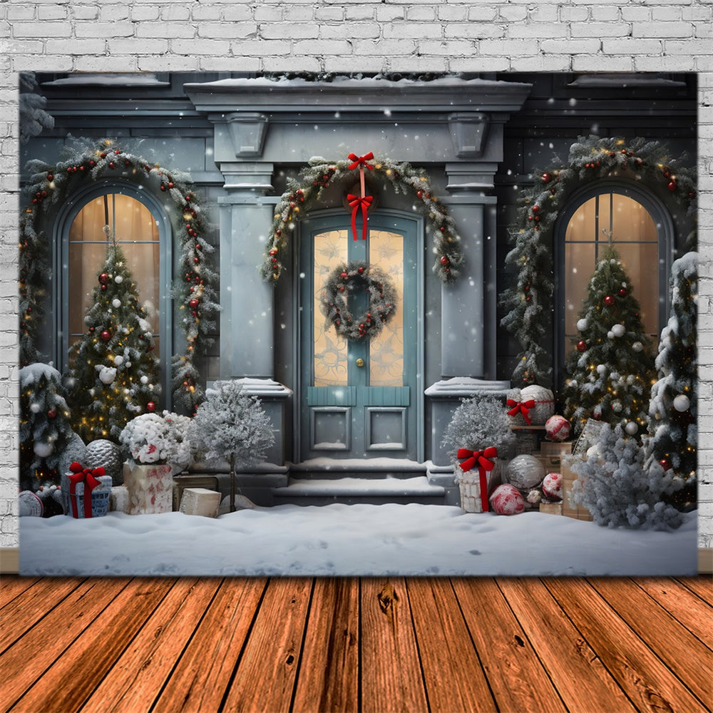 Toile de fond de Porte et Fenêtre avec Arbre de Noël Neigeux RR7-729