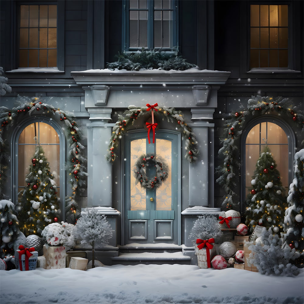 Toile de fond de Porte et Fenêtre avec Arbre de Noël Neigeux RR7-729