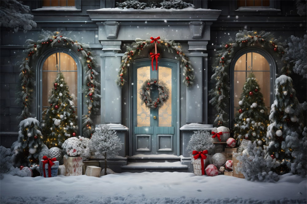 Toile de fond de Porte et Fenêtre avec Arbre de Noël Neigeux RR7-729