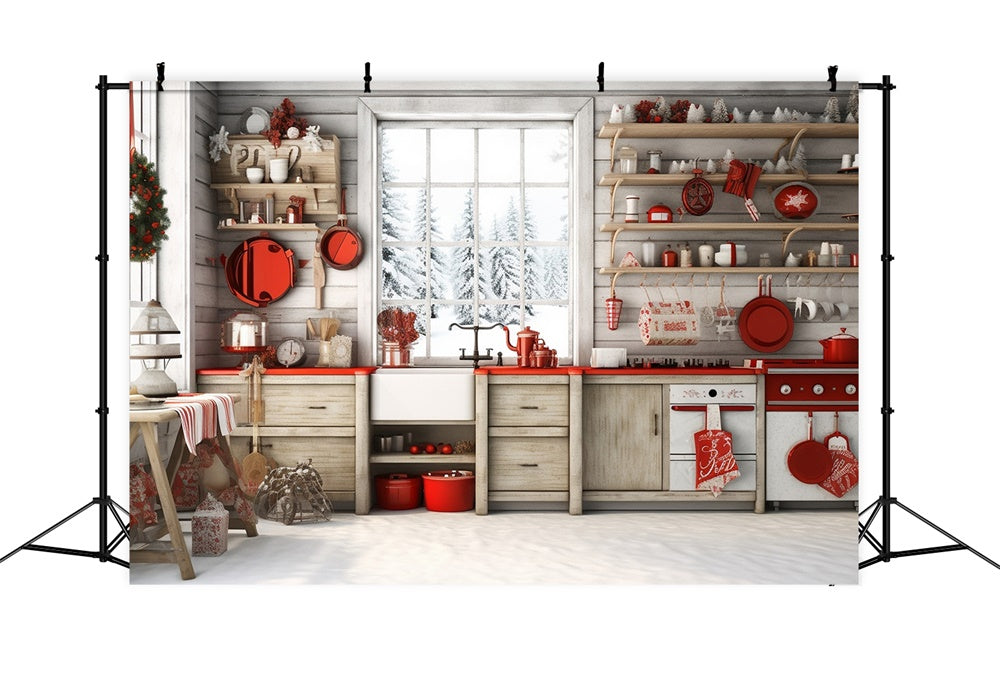 Toile de fond de Cuisine de Cabane Forestière avec Arbre de Noël RR7-730
