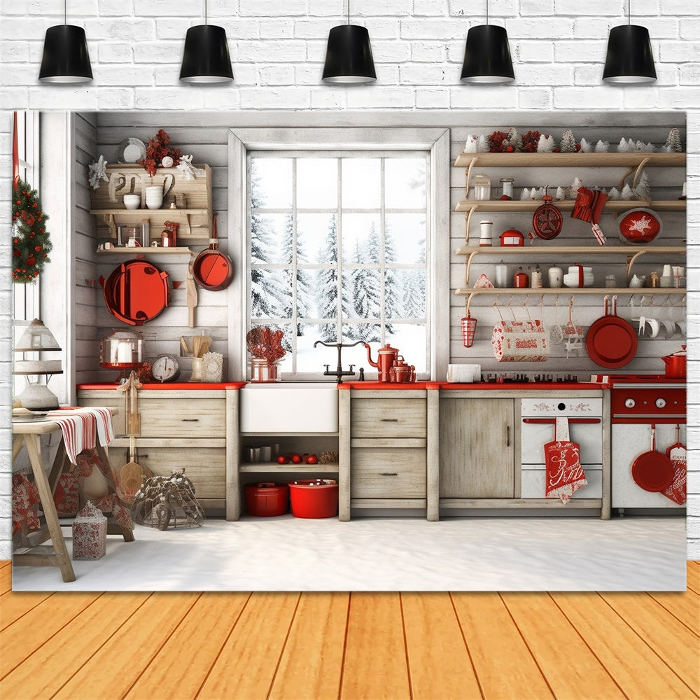Toile de fond de Cuisine de Cabane Forestière avec Arbre de Noël RR7-730