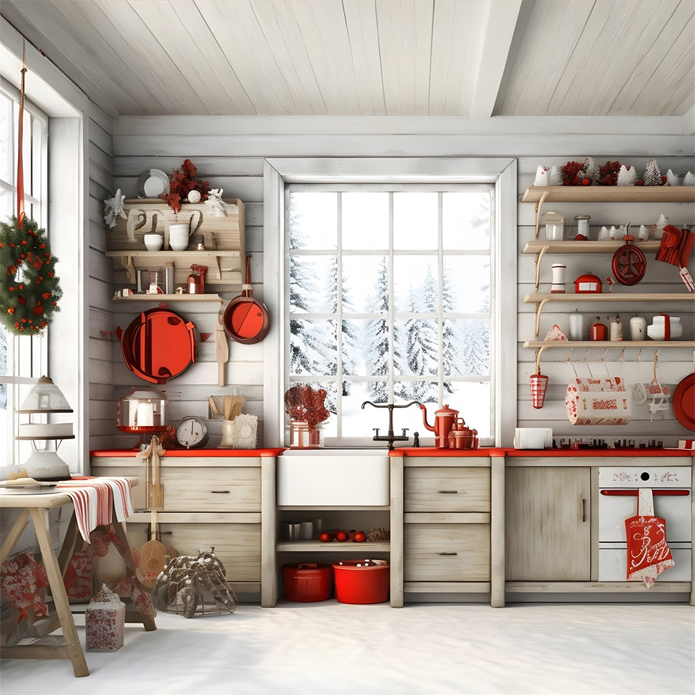 Toile de fond de Cuisine de Cabane Forestière avec Arbre de Noël RR7-730