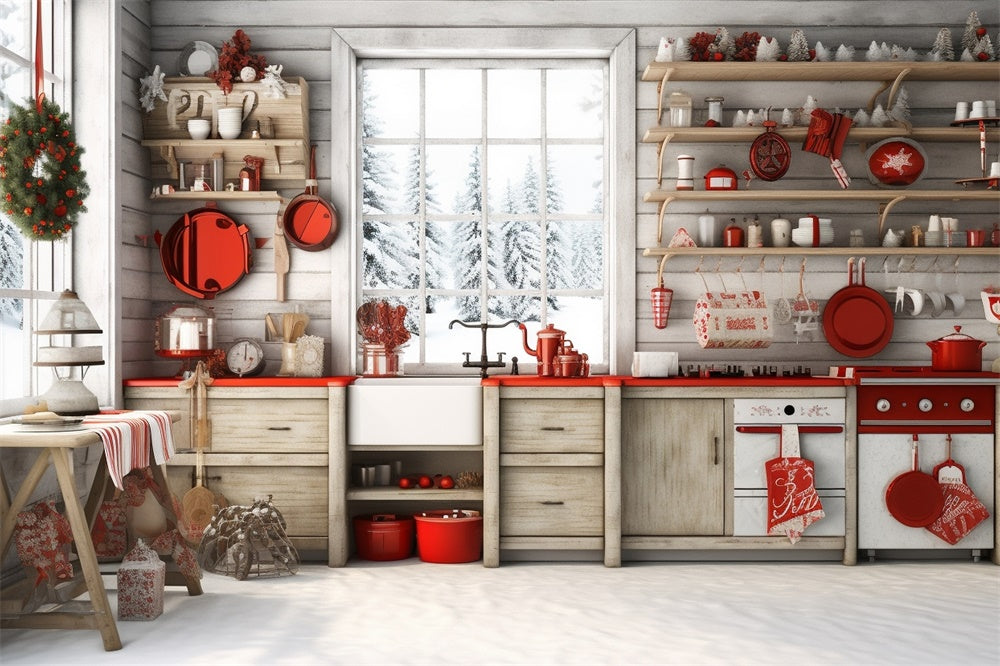 Toile de fond de Cuisine de Cabane Forestière avec Arbre de Noël RR7-730