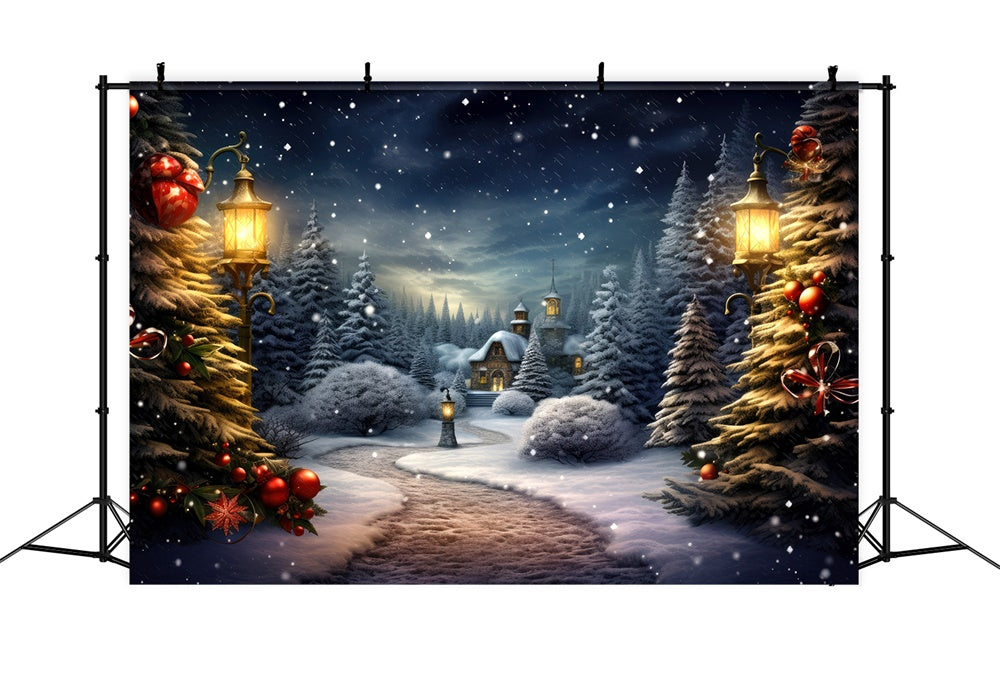 Toile de fond de Village Hivernal avec Arbre de Noël RR7-731