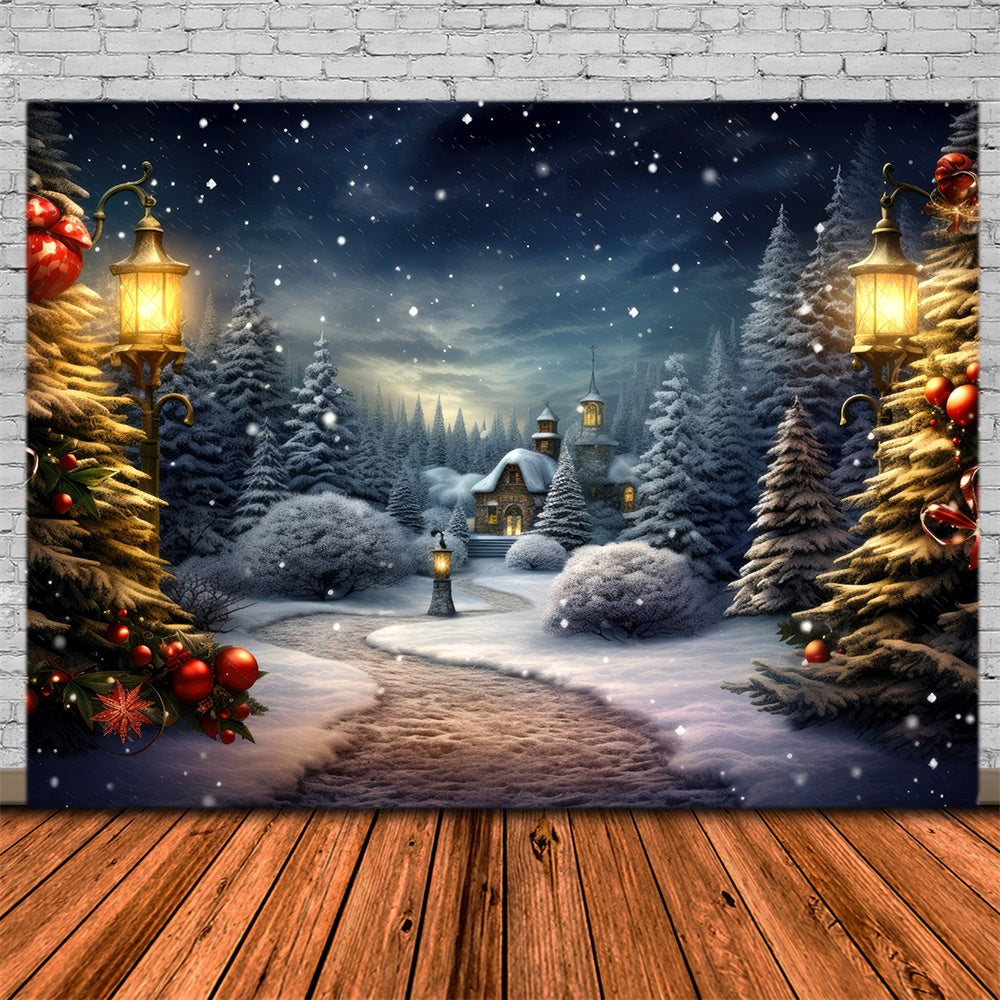 Toile de fond de Village Hivernal avec Arbre de Noël RR7-731