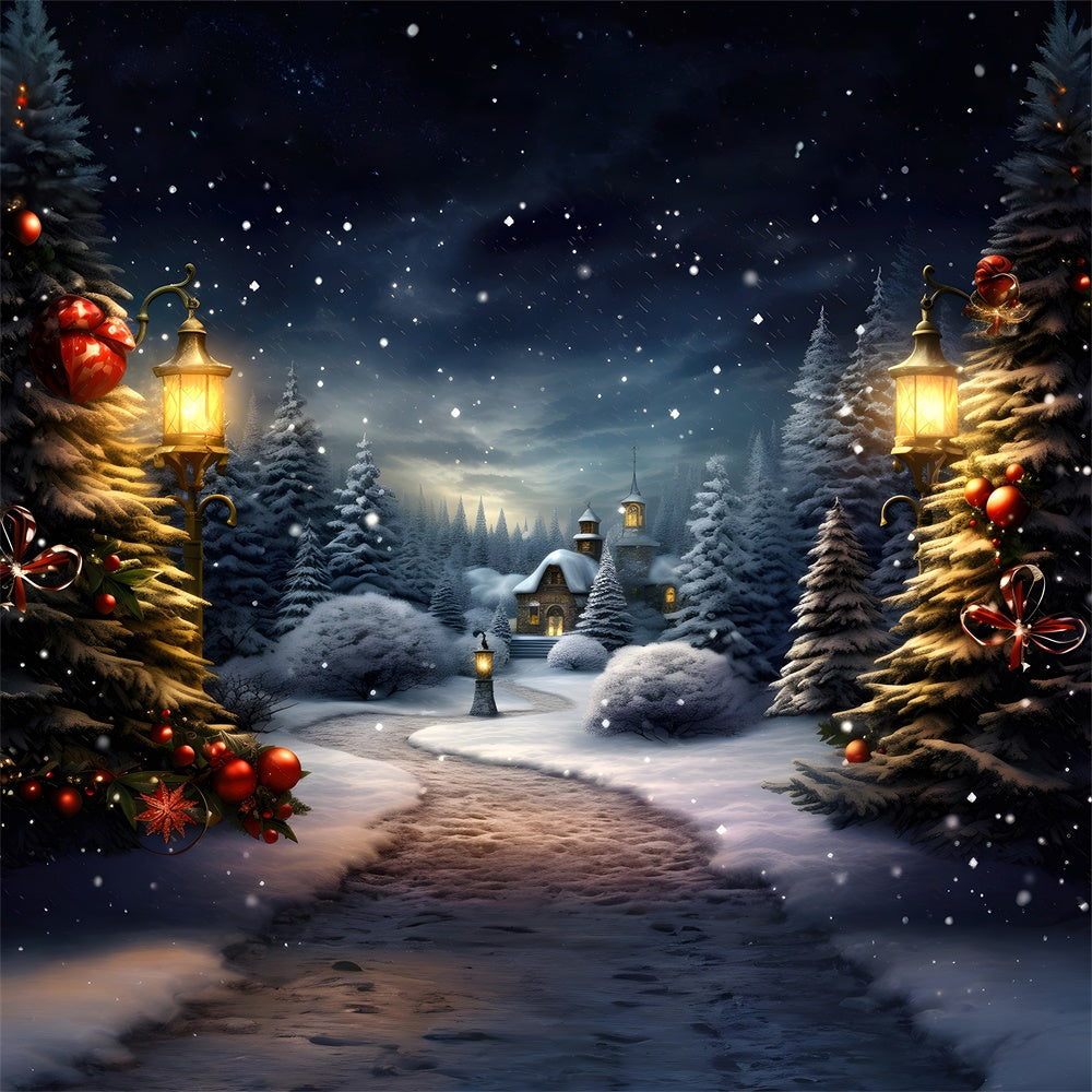 Toile de fond de Village Hivernal avec Arbre de Noël RR7-731
