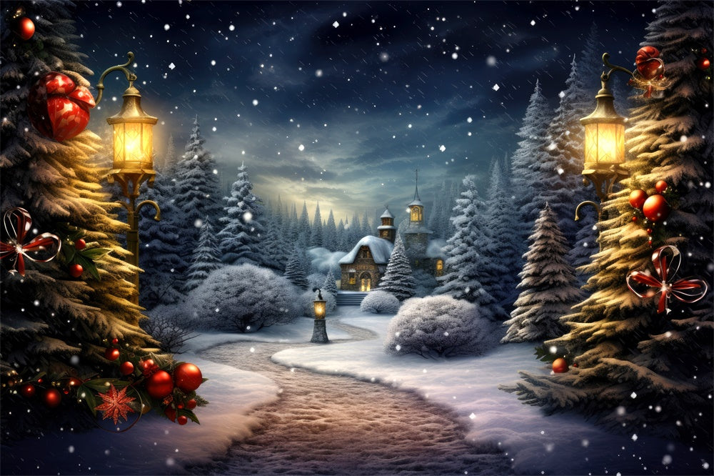 Toile de fond de Village Hivernal avec Arbre de Noël RR7-731
