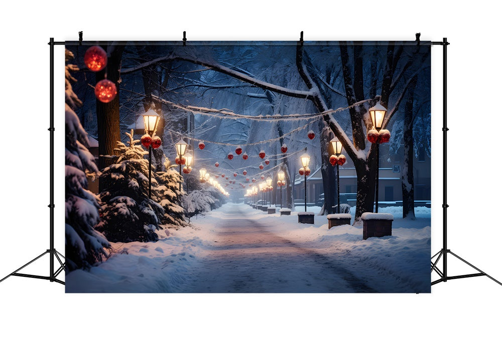 Toile de fond de Village Neigeux avec Route et Arbre de Noël RR7-735