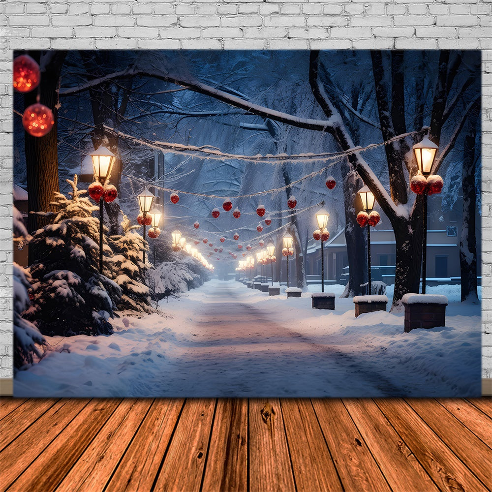 Toile de fond de Village Neigeux avec Route et Arbre de Noël RR7-735