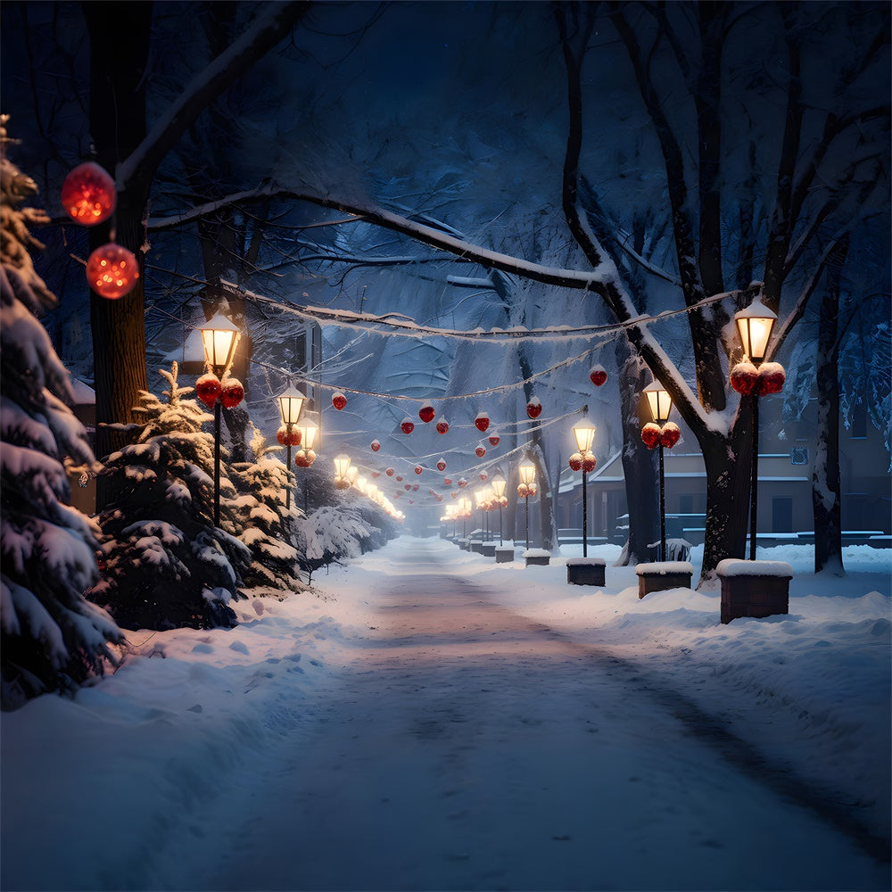 Toile de fond de Village Neigeux avec Route et Arbre de Noël RR7-735