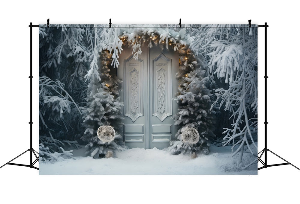 Toile de fond de Porte avec Couronne et Arbre de Noël Gelé RR7-736