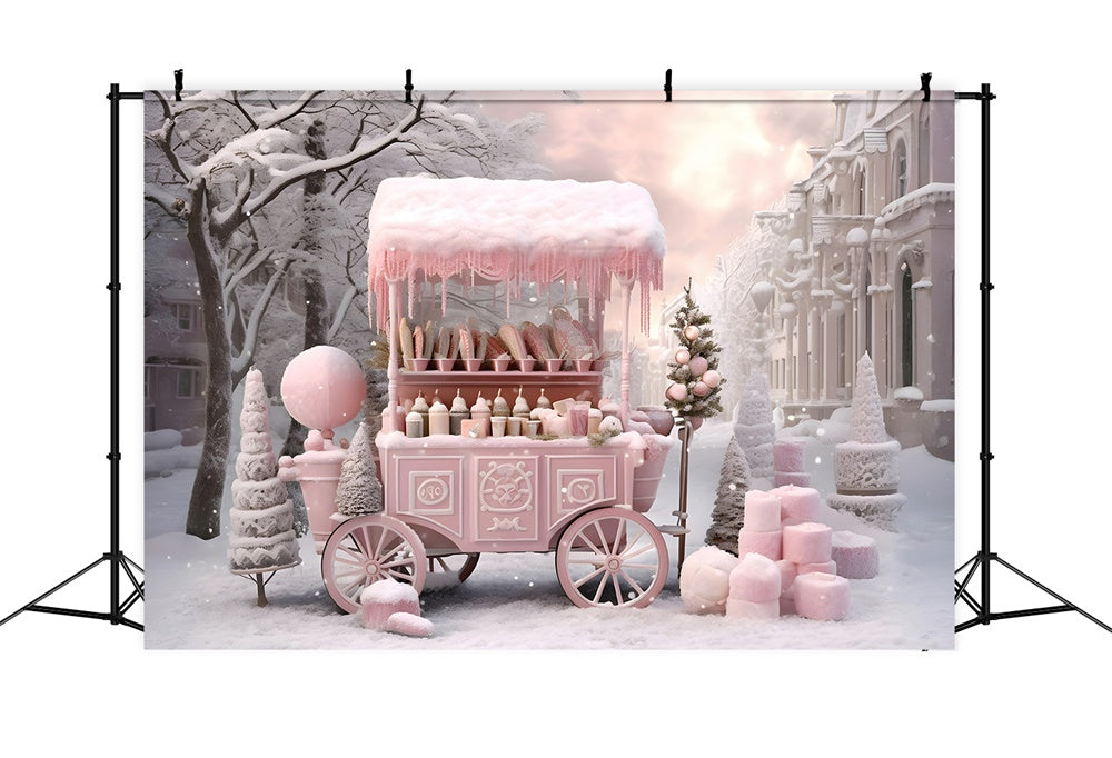 Toile de fond de Chariot de Magasin de Bonbons Rose avec Neige de Noël RR7-738
