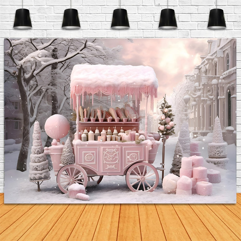Toile de fond de Chariot de Magasin de Bonbons Rose avec Neige de Noël RR7-738