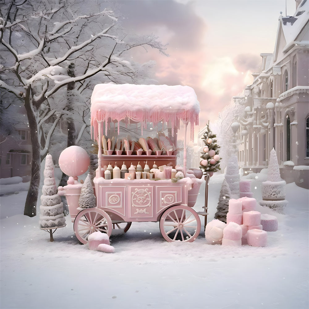 Toile de fond de Chariot de Magasin de Bonbons Rose avec Neige de Noël RR7-738