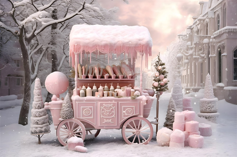 Toile de fond de Chariot de Magasin de Bonbons Rose avec Neige de Noël RR7-738