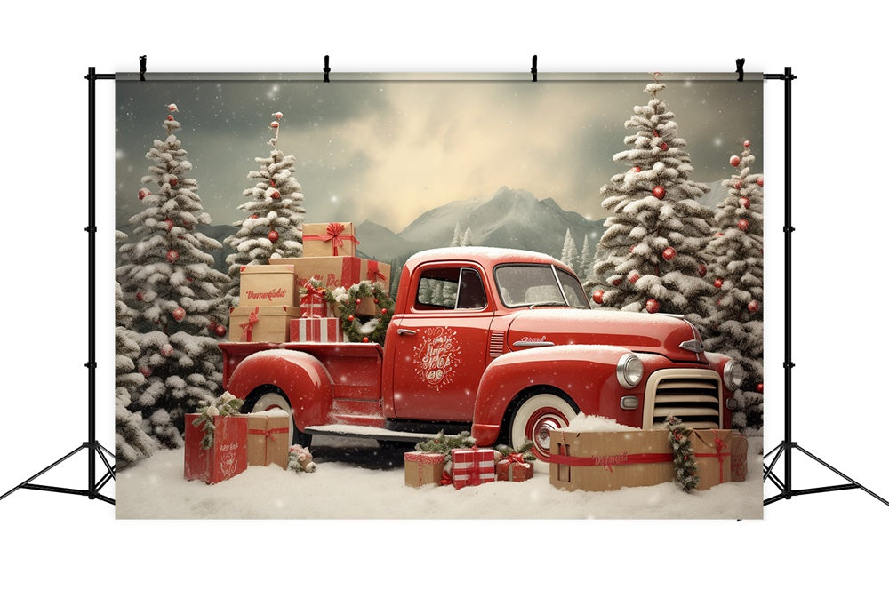 Toile de fond de Camion Rouge et Arbre de Noël Neigeux RR7-739
