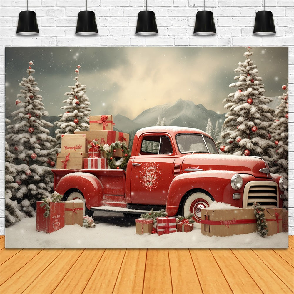 Toile de fond de Camion Rouge et Arbre de Noël Neigeux RR7-739