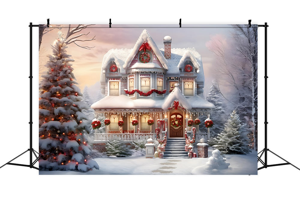 Toile de fond de Maison Décorée de Noël avec Neige RR7-740
