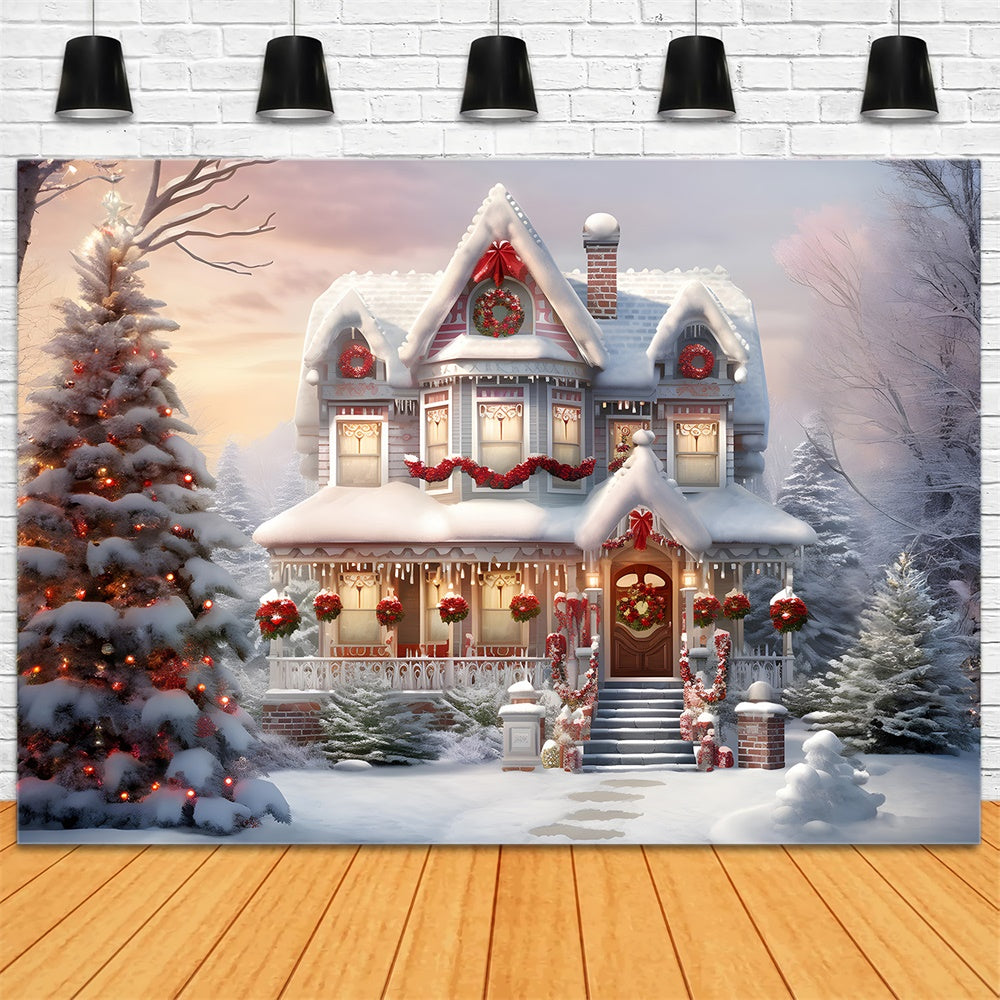 Toile de fond de Maison Décorée de Noël avec Neige RR7-740