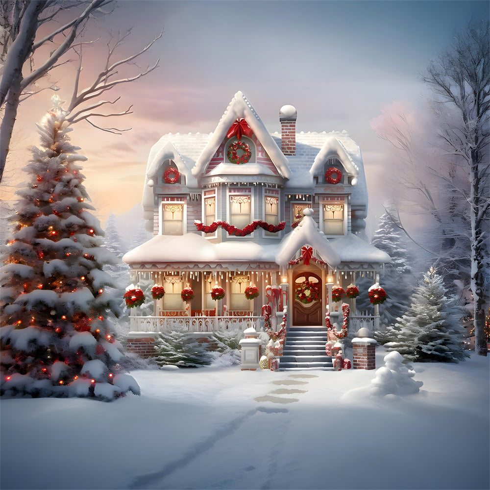 Toile de fond de Maison Décorée de Noël avec Neige RR7-740