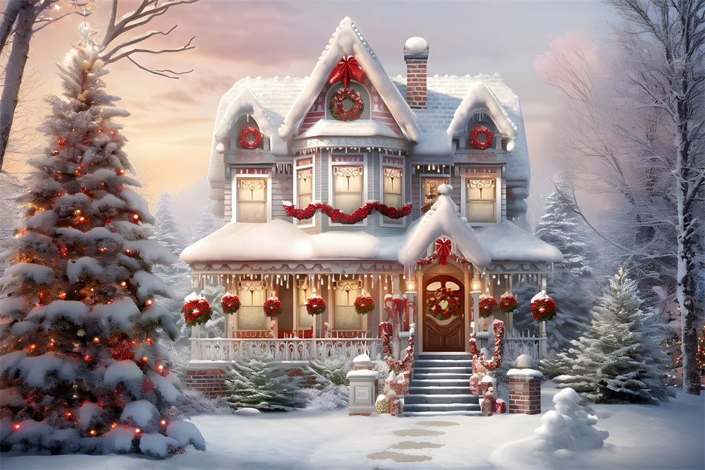 Toile de fond de Maison Décorée de Noël avec Neige RR7-740