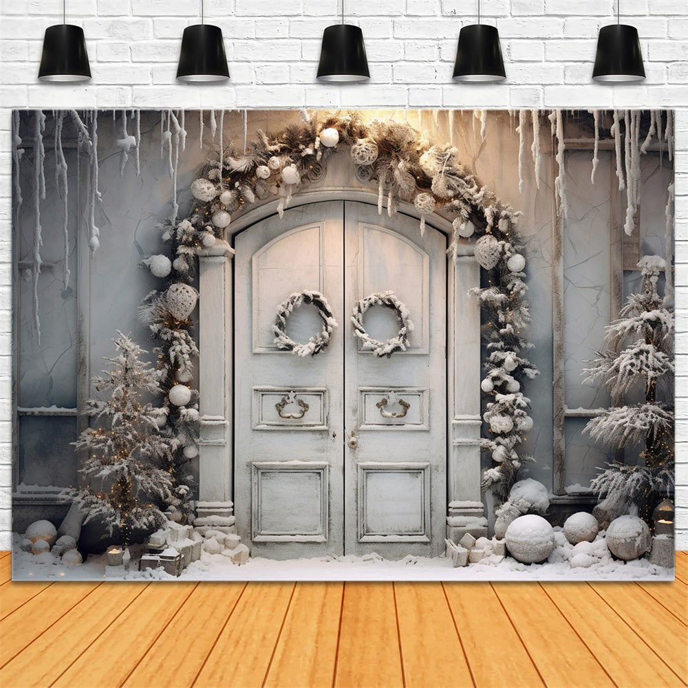 Toile de fond de Porte avec Couronne de Noël et Neige Hivernale RR7-743