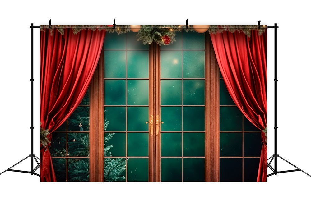 Toile de fond de Fenêtre avec Rideaux Rouges de Noël RR7-747