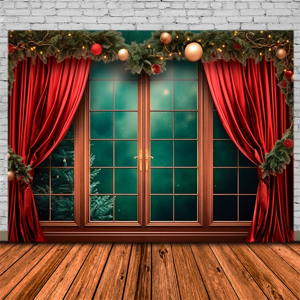Toile de fond de Fenêtre avec Rideaux Rouges de Noël RR7-747