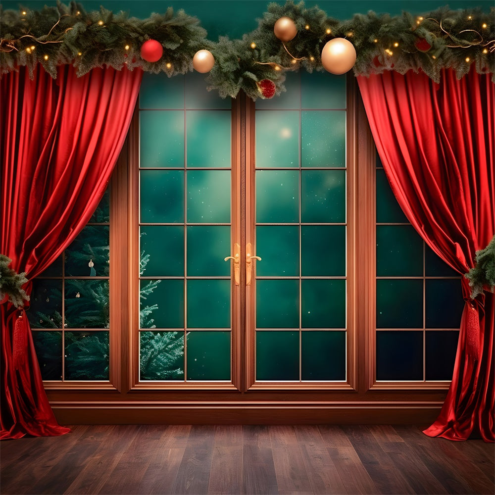 Toile de fond de Fenêtre avec Rideaux Rouges de Noël RR7-747