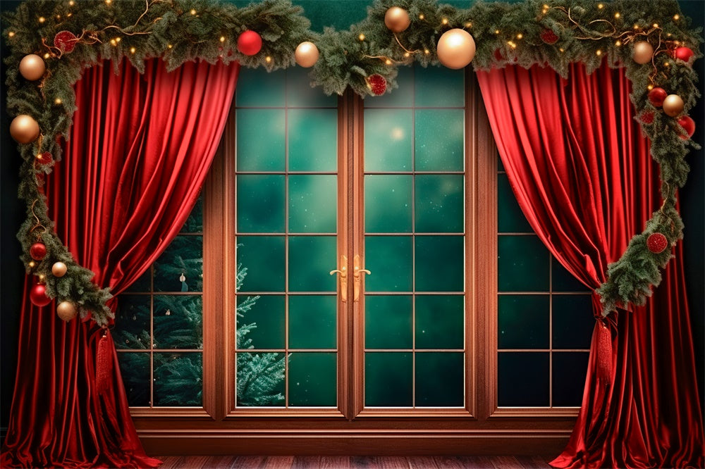 Toile de fond de Fenêtre avec Rideaux Rouges de Noël RR7-747
