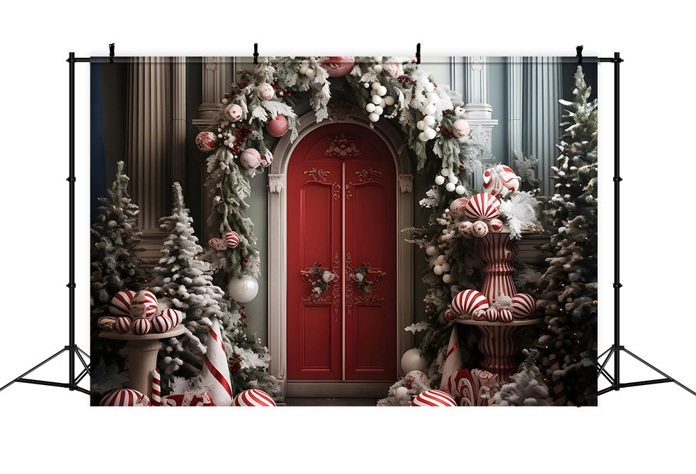 Toile de fond de Porte avec Couronne et Boules de Noël RR7-749