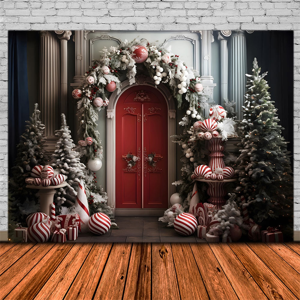 Toile de fond de Porte avec Couronne et Boules de Noël RR7-749