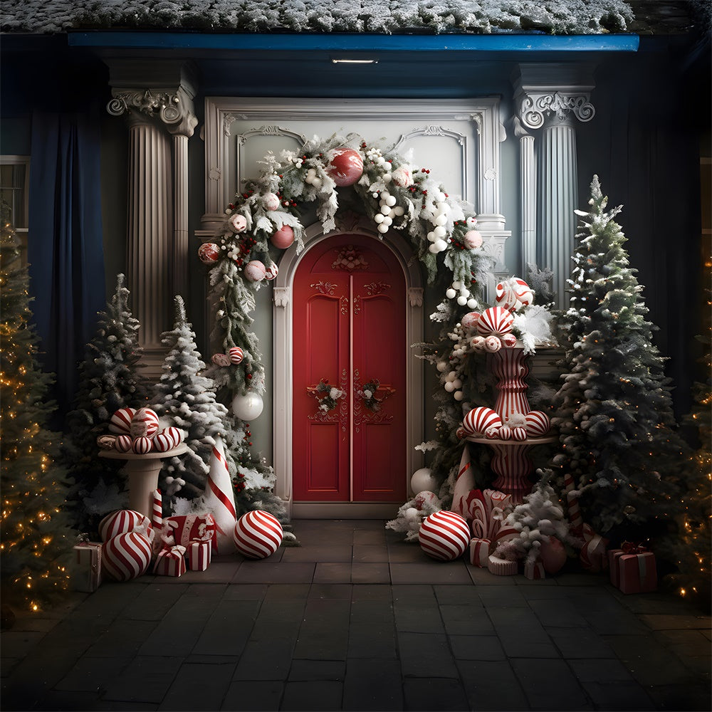 Toile de fond de Porte avec Couronne et Boules de Noël RR7-749