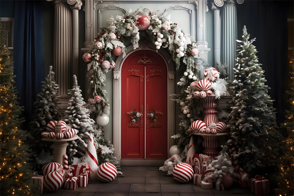 Toile de fond de Porte avec Couronne et Boules de Noël RR7-749