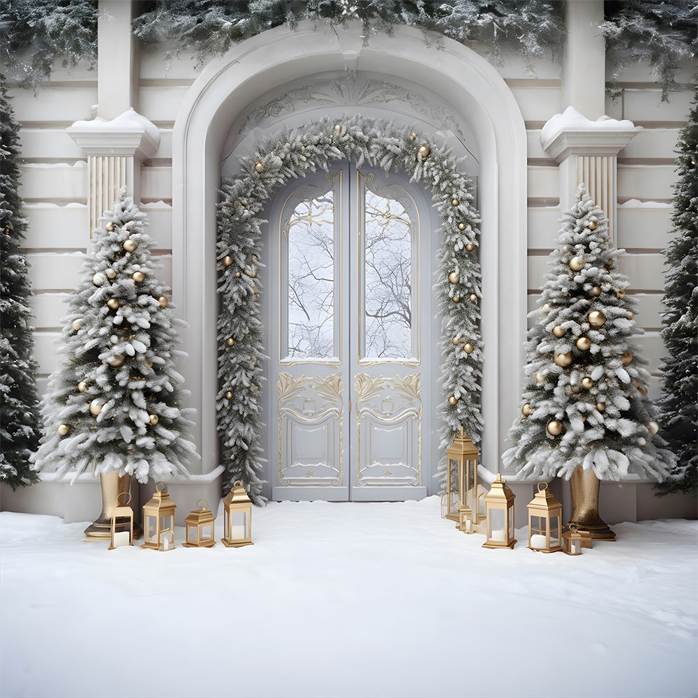 Toile de fond de Porte avec Arbre de Noël Neigeux RR7-750