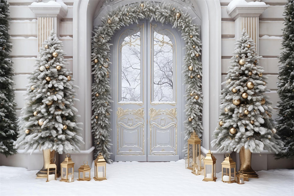 Toile de fond de Porte avec Arbre de Noël Neigeux RR7-750